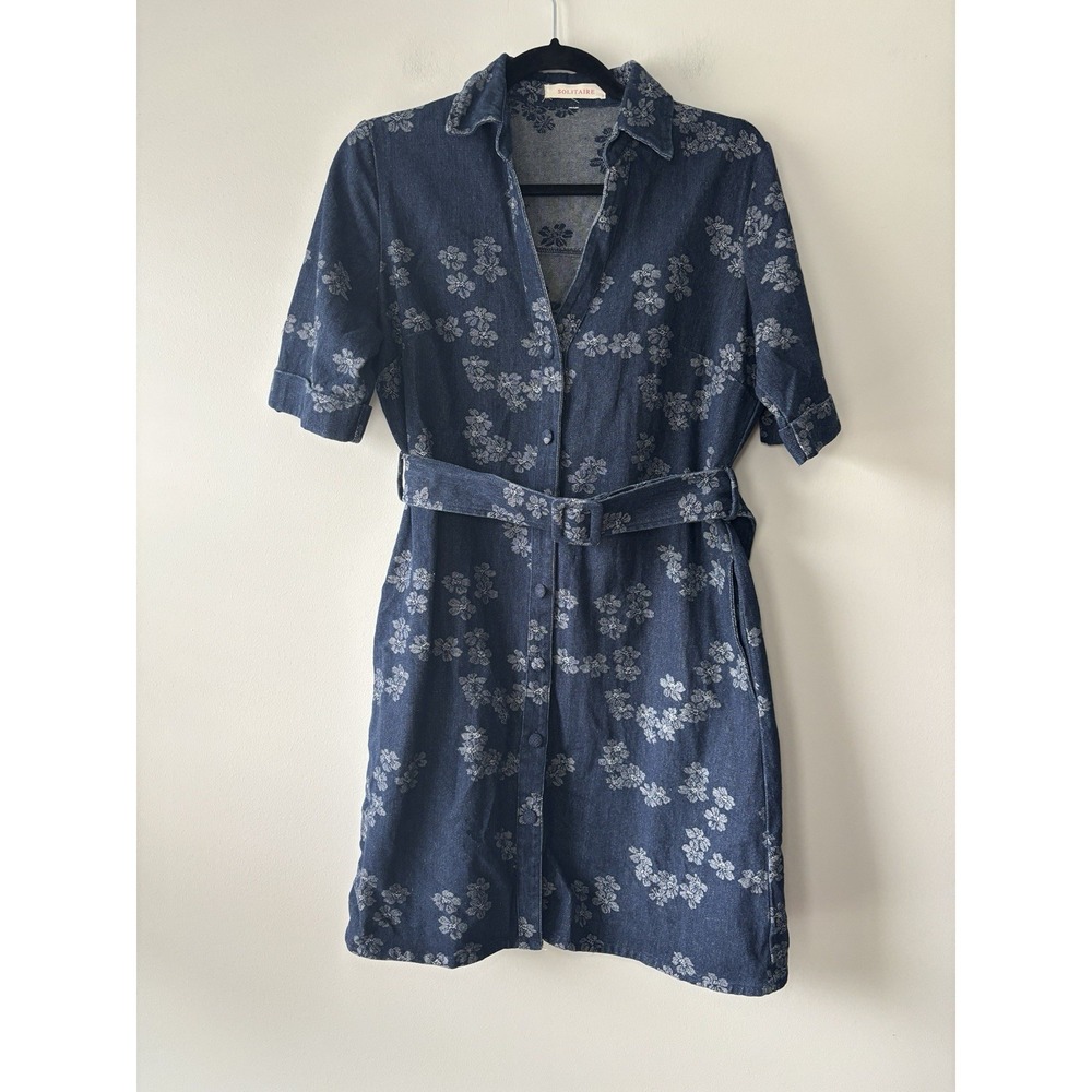 SOLITAIRE Women's Dark Wash Denim Short Sleeve Blue Floral Belted Mini Dress